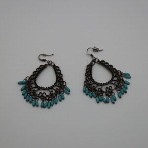 Vintage Blue Bead Dangle Earrings Dark Metal Scroll Design